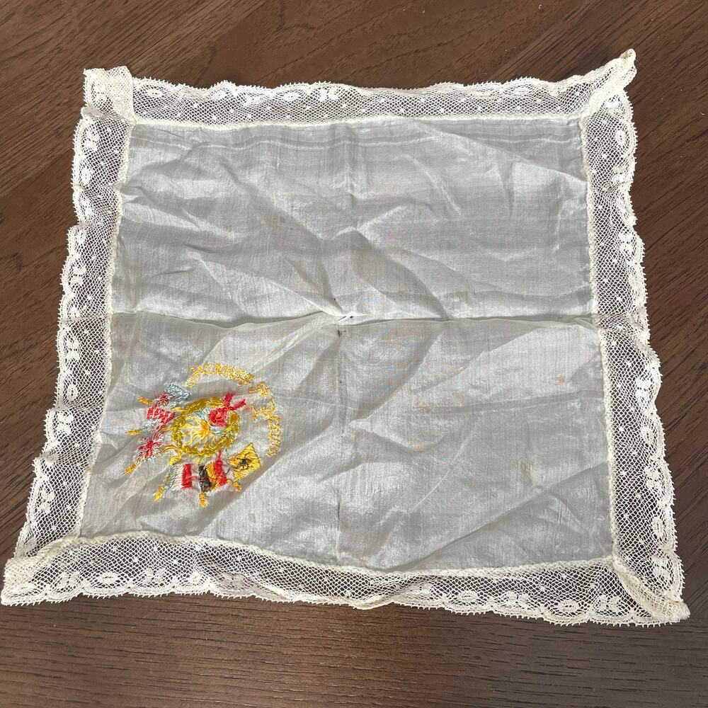 Vintage WWI Souvenir of France Handkerchief Embroider Silk? Lace Edge FLAWED - Picture 6 of 12